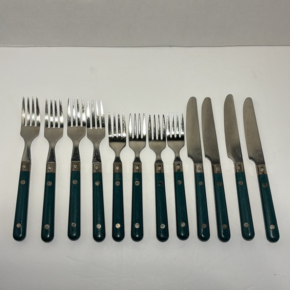 Pier 1 Imports Stainless Flatware Green Teal Rounded Handles SO 12 Forks Knives - Picture 14 of 14